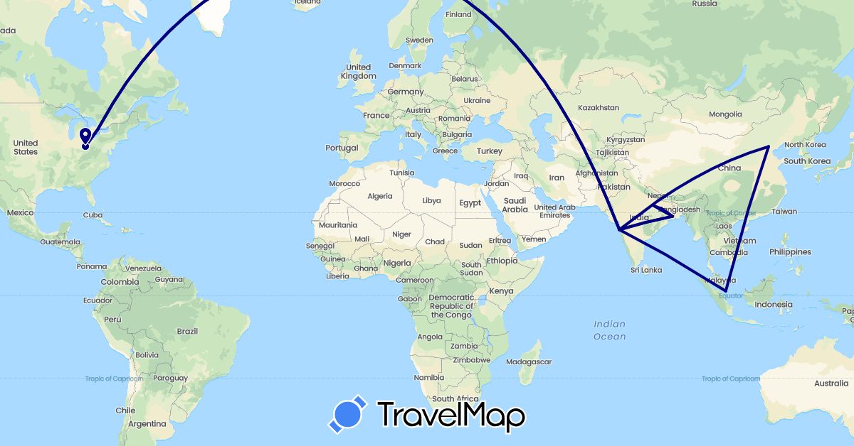 TravelMap itinerary: driving in Canada, China, India, Singapore, United States (Asia, North America)